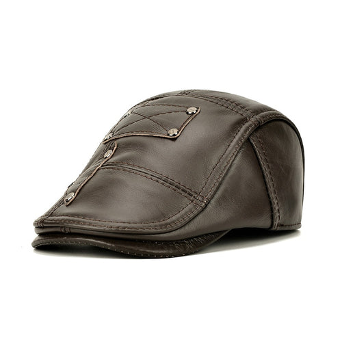 Load image into Gallery viewer, Brand Genuine Leather Beret Hat Men Brown Cowhide Winter Berets Ear Flaps Plus Velvet Peaked Cap For Men
