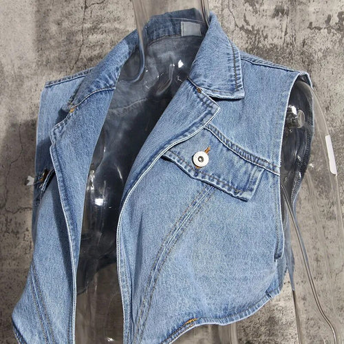 Load image into Gallery viewer, Irregular Cross Denim Coat For Women High Waist Hollow Out Casual Short Tops Female Summer Fashion Style
