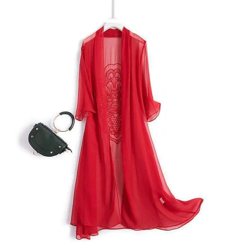 Summer Women Beach Bikini Long Cardigan Chiffon Jackets Embroidery Sunscreen Coat Chaqueta Mujer Elegant Jacket Coat Female