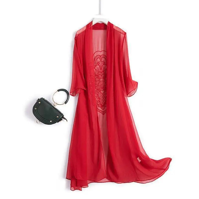 Summer Women Beach Bikini Long Cardigan Chiffon Jackets Embroidery Sunscreen Coat Chaqueta Mujer Elegant Jacket Coat Female