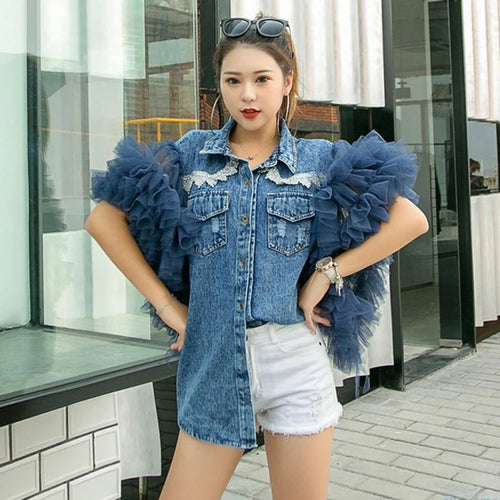 Load image into Gallery viewer, Patchwork Mesh Diamond Jacket For Women Lapel Sleeveless Casual Streetwear Denim Jackets Female Fashion Clothing Spring
