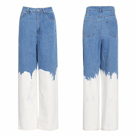 Casual Loose Painted Women Full Length Jeans High Waist Hit Color Asymmetrical Denim Wide Leg Pants For Female