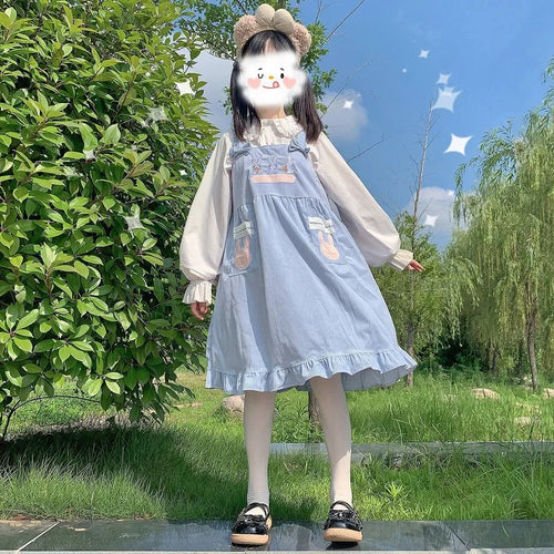 Load image into Gallery viewer, Kawaii Lolita Dress For Girls Soft Japanese Sweets Blue Lolita Outfit Cute Slip Dress Summer Rabbit Embroidery JSK
