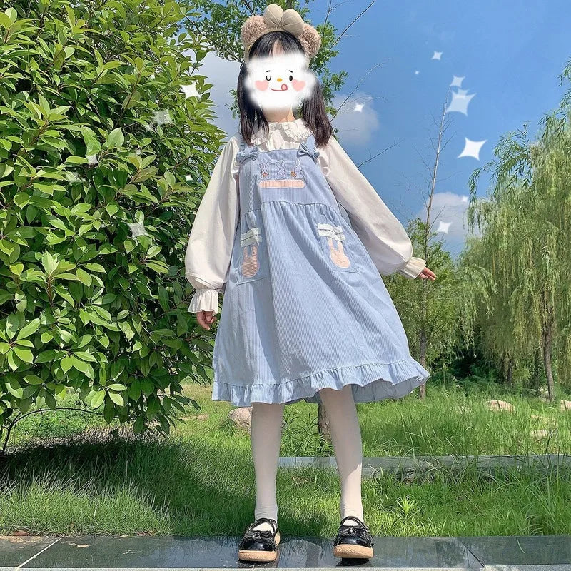 Kawaii Lolita Dress For Girls Soft Japanese Sweets Blue Lolita Outfit Cute Slip Dress Summer Rabbit Embroidery JSK