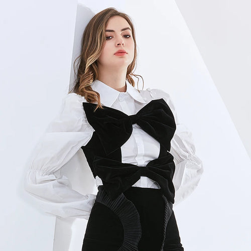 Load image into Gallery viewer, Sweet Style Shirts For Women Lapel Puff Long Sleeve Ruched Patchwork Bow Hit Color Loose Blouse Female Clothes
