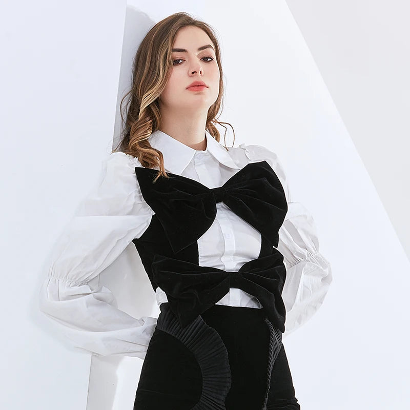 Sweet Style Shirts For Women Lapel Puff Long Sleeve Ruched Patchwork Bow Hit Color Loose Blouse Female Clothes