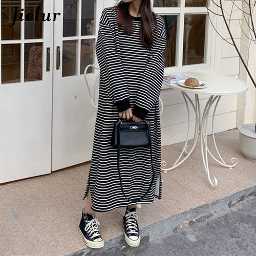 Load image into Gallery viewer, Fleece White Black Striped Hoodies Female Fashion Loose O-neck Maxi Sweatshirt High Street Pullover Women Long Hoodie
