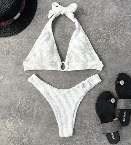 Solid Bikini Halter Ring Swimwear Women Swimsuit Sexy Patchwork Bikini Set Swimwear Push Up Biquini Summer