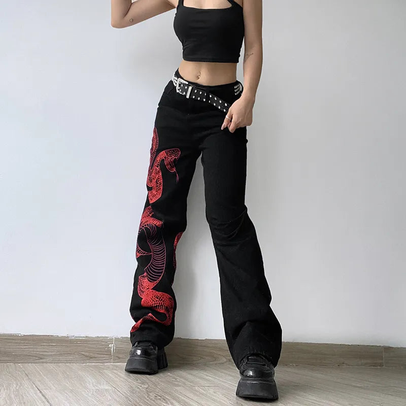 Chinese Style Vintage Dragon Printed Black Baggy Jeans Streetwear Grunge High Waist Pants Women Jeans Hip Hop Capris