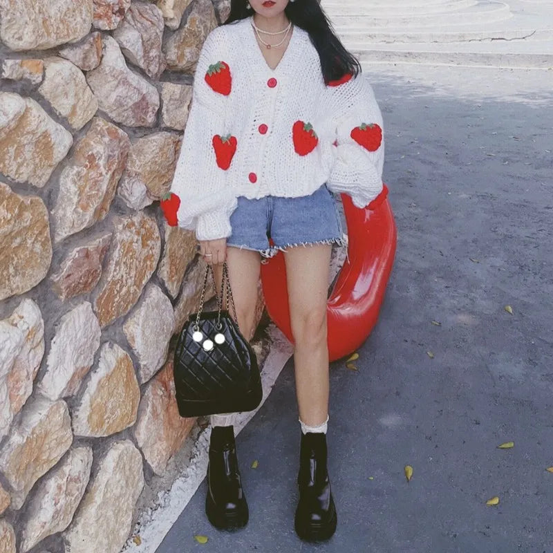 Women's Winter Sweater Coat Thick Knitwear Strawberry Chic Crochet Tops Autumn V-neck Loose Vintage Casual Cardigan For Women