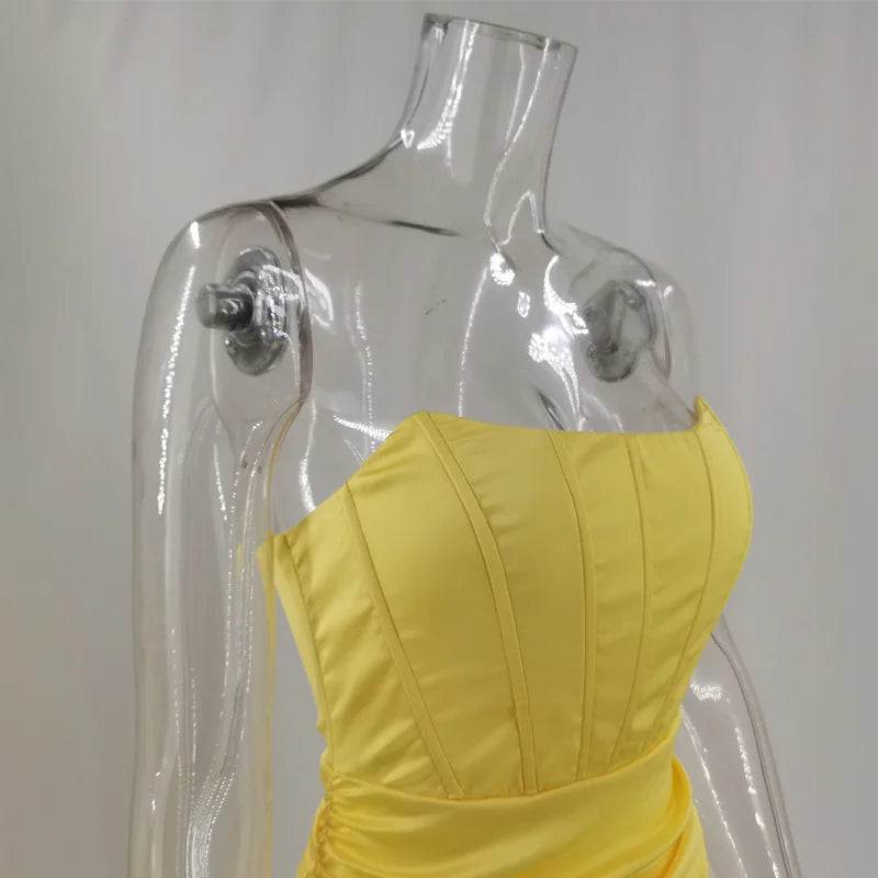 Satin Strapless Ruched Dress For Women Summer Off-shoulder Sleeveless Bodycon Party Clubwear Mini Dresses Vestidos