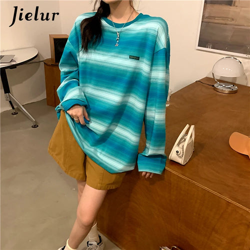 Load image into Gallery viewer, Green Striped Hoodies Women Long-sleeved O-neck Colorful Sweatshirt Female New Harajuku Fashion Orange Pullover M-XL
