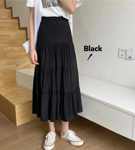 Spring Summer Women Chiffon Skirts Vintage High Waist Elastic Patchwork White Black Chic Long Cake A-line Skirt for Student