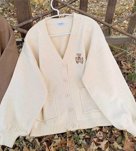 Women Sweater Vintage Y2k Loose Knitted Cardigan Bear Embroidery Jumper 2025 Japan Korean V-neck Casual Coat Jackets