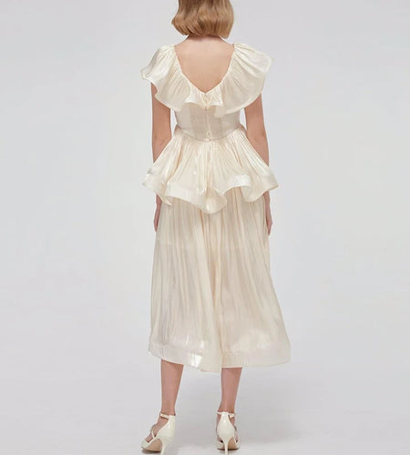 Elegant Solid Ruffle Dress For Women V Neck Sleeveless High Waist A Line Ruched Midi Dresses Female Summer Fashion 2022 New