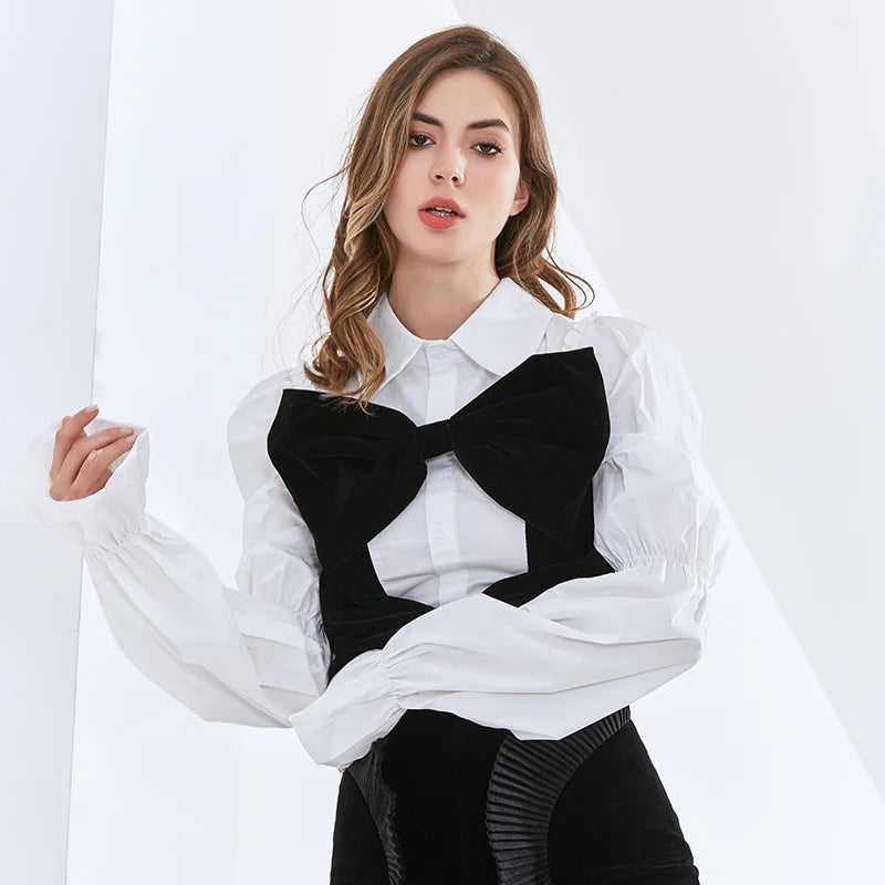 Sweet Style Shirts For Women Lapel Puff Long Sleeve Ruched Patchwork Bow Hit Color Loose Blouse Female Clothes