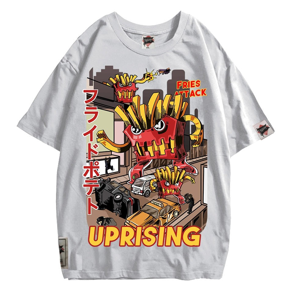 French fries attack uprising counterattack men's short-sleeved T-shirt on original fashion brand hip hop punk personality titan