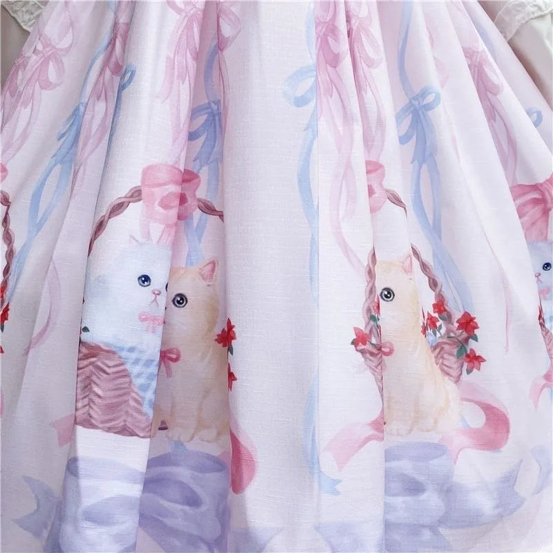 Kawaii Lolita Dress Women Girls JSK Lolita Kawaii Cute Cats Tea Party Dresses Ruffles Cosplay Spring Summer Slip Dress