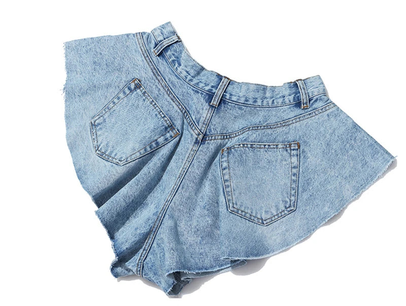 Casual Denim Shorts Skirts High Waist Ruffle Hem Loose Ruched Short Pants Female Fashion Clothing 2021 Spring