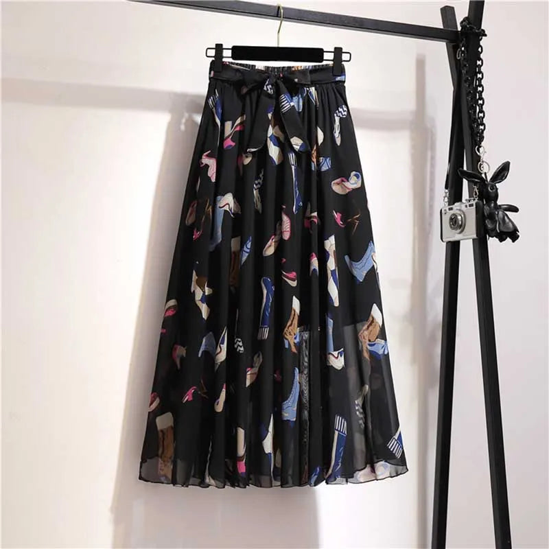 Long Skirt Women For 2024 Spring Summer Lady Korean Style White Black Chiffon Sun School High Waist Midi Skirt Female