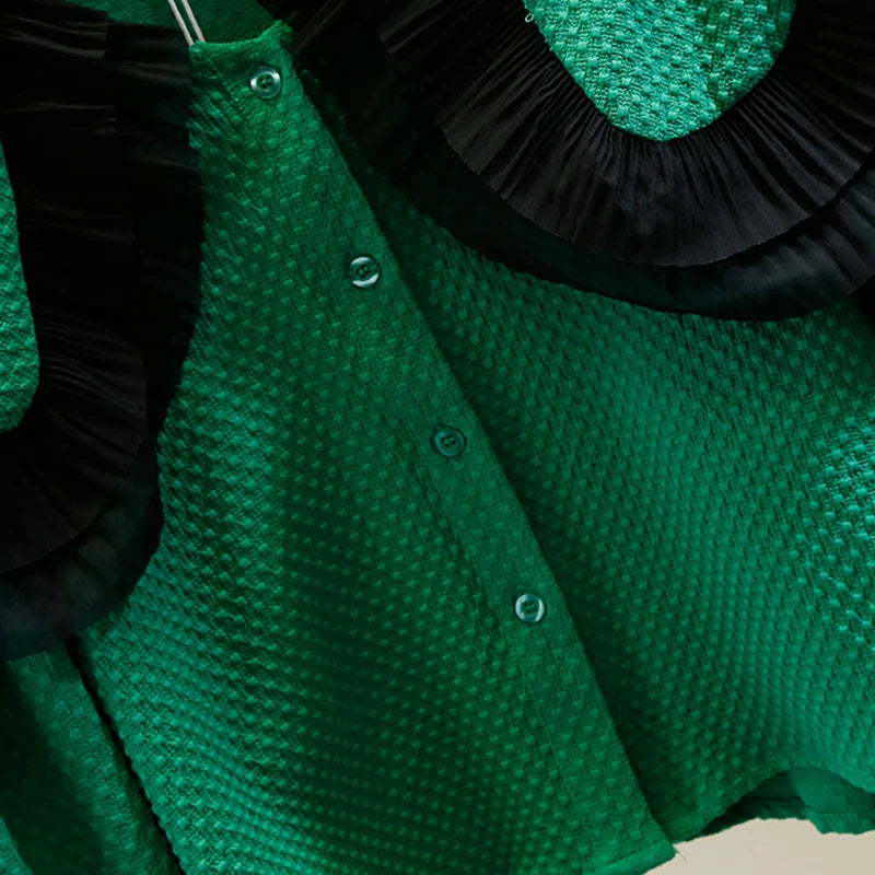 Sweet Green Short Women's Shirts Peter Pan Collar Long Sleeve Ruched Korean Fashion Woman Blouses Autumn Style