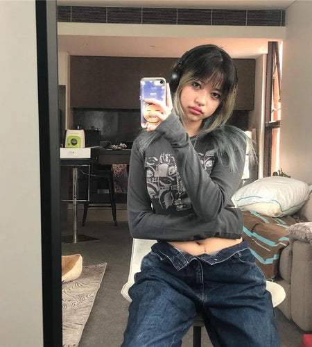 Y2k Aesthetic Grunge Goth T-shirt Tee Female Clothing Y2k Graphic Print Long Sleeve Tops Harajuku Clothes Streetwear