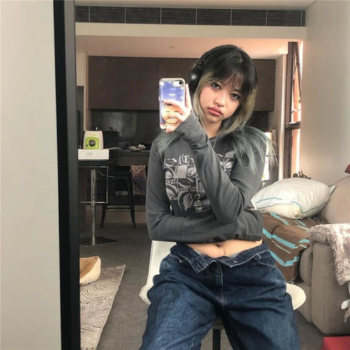 Load image into Gallery viewer, Y2k Aesthetic Grunge Goth T-shirt Tee Female Clothing Y2k Graphic Print Long Sleeve Tops Harajuku Clothes Streetwear
