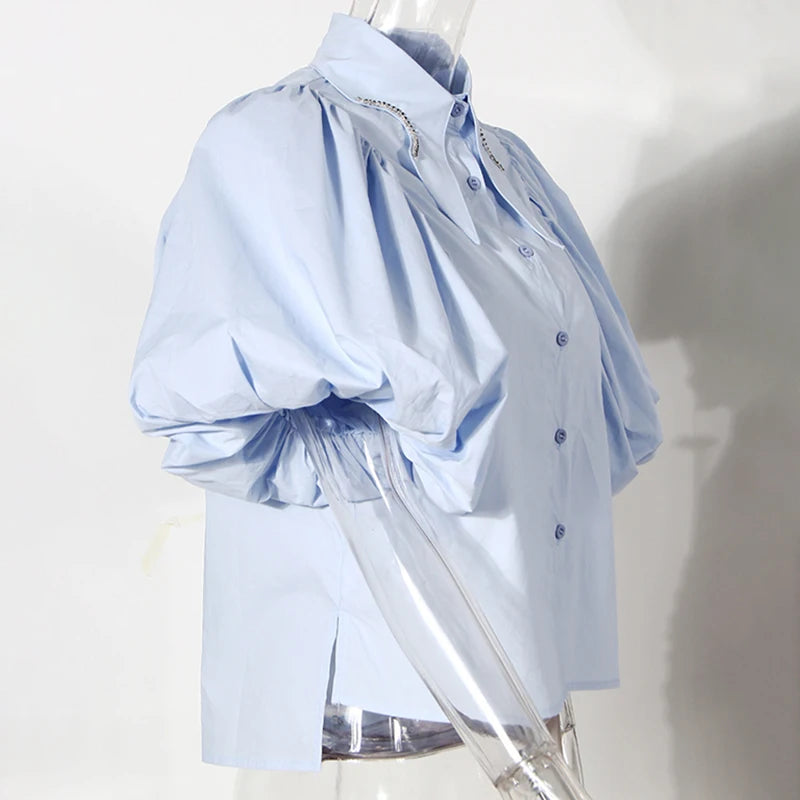 Casual Blue Diamonds Shirts For Women Lapel Puff Short Sleeve Straight Korean Blouses Female Summer Fashion Clothes