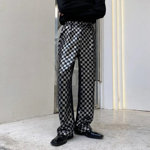 Load image into Gallery viewer, Men&#39;s Niche Black And White Checkered Sequin Patchwork Men&#39;s Long Pants Straight Wide Leg Design Chic Trousers Korean Y9982
