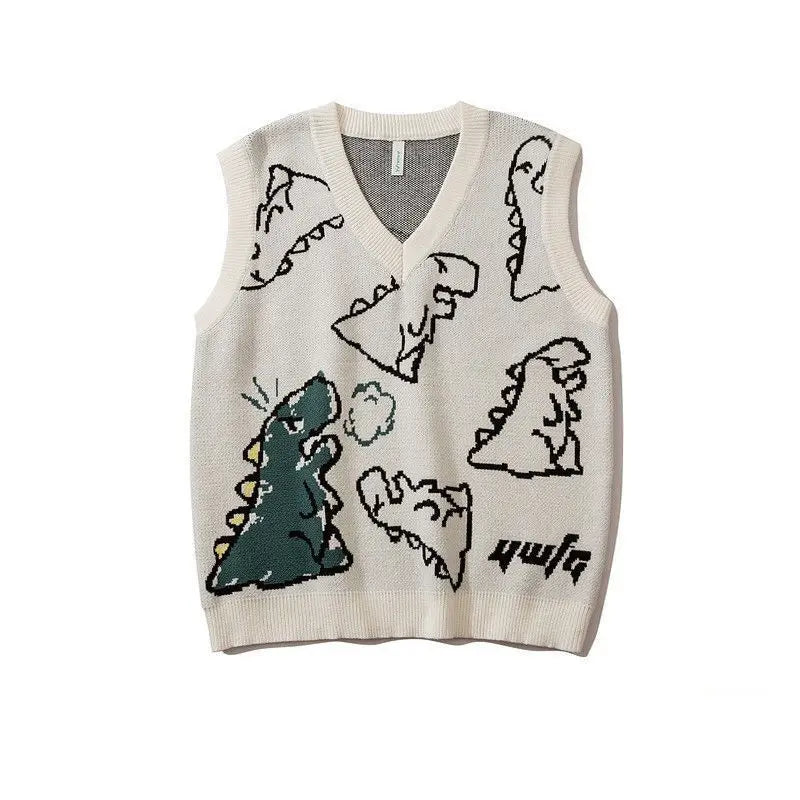 Knitted Sweater Vest Women Men Vintage Dinosaur Jacquard Waistcoat Female 2025 Loose Y2k All-match Pullover Vests