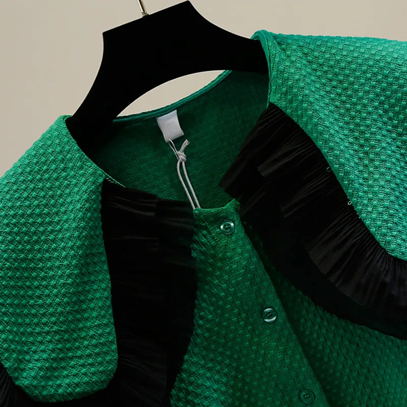 Sweet Green Short Women's Shirts Peter Pan Collar Long Sleeve Ruched Korean Fashion Woman Blouses Autumn Style
