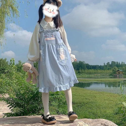 Load image into Gallery viewer, Kawaii Lolita Dress For Girls Soft Japanese Sweets Blue Lolita Outfit Cute Slip Dress Summer Rabbit Embroidery JSK
