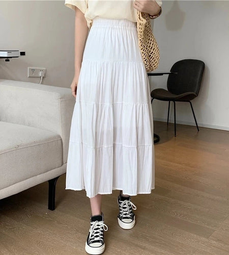 Spring Summer Women Chiffon Skirts Vintage High Waist Elastic Patchwork White Black Chic Long Cake A-line Skirt for Student