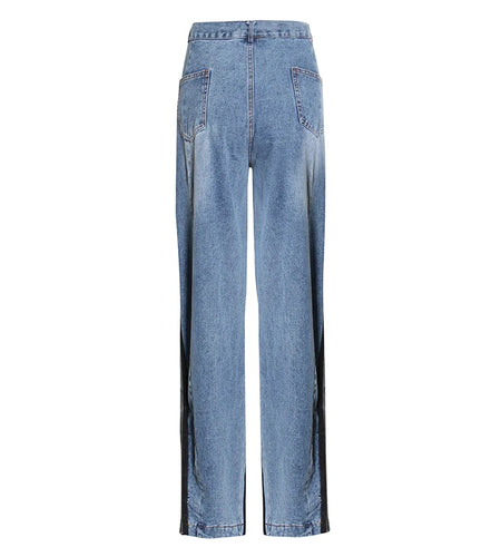 Streetwear Patchwork Zipper Jeans For Women High Waist Wide Leg Casual Denim Trousers Female Fashion Clothing