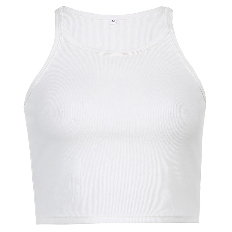 Casual Solid Ribbed Skinny Strap Top Female Cami Basic White Crop Top Bodycon Short Summer Tops Tees Vest Clothes New