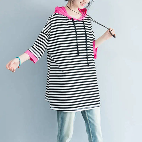 Load image into Gallery viewer, T-shirt Women's Hooded T-shirt Stripe Loose Top  Korean Casual Short Sleeve Tops Women's T-shirts With Short Sleeve Hoodie
