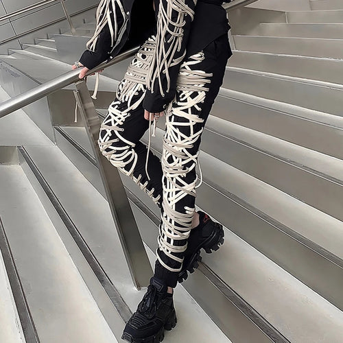 Load image into Gallery viewer, Cross Black Pants For Women High Waist Bandage Casual Streetwear Trousers Female Fashion New Clothing Style
