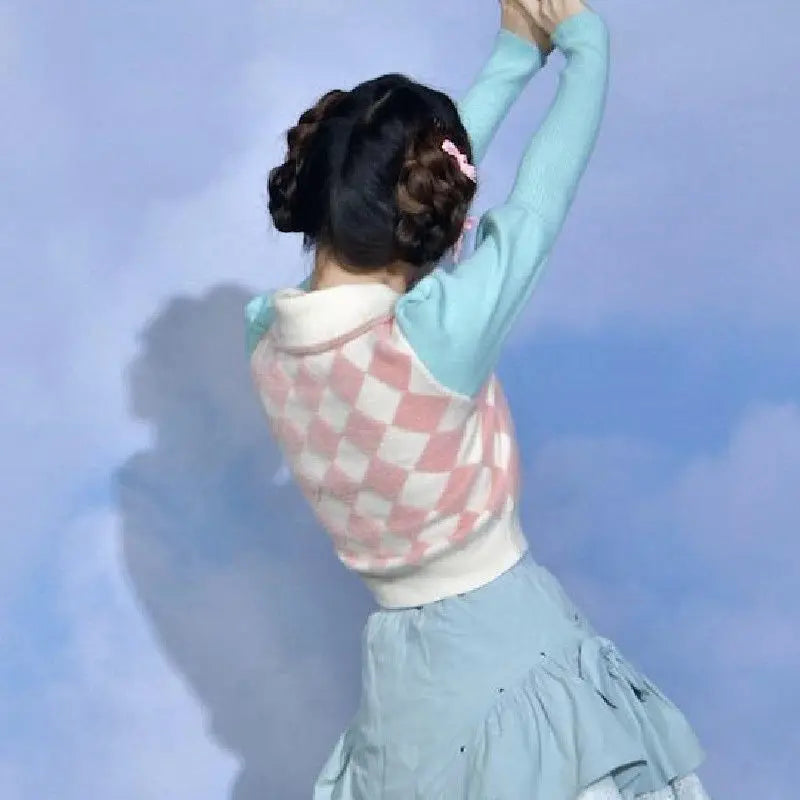 Preppy Style Crop Knit Cardigans Contrast Color Argyle Sweater Women Sweet Y2k Pull Femme Short Casual Coat Harajuku