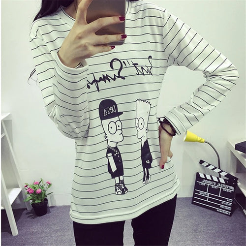 Load image into Gallery viewer, Autumn Spring Creative Lovely Cartoon Printed T-shirts for Women Full Sleeve Simple Loose Top Stripe White T-shirt Female XL-XXL
