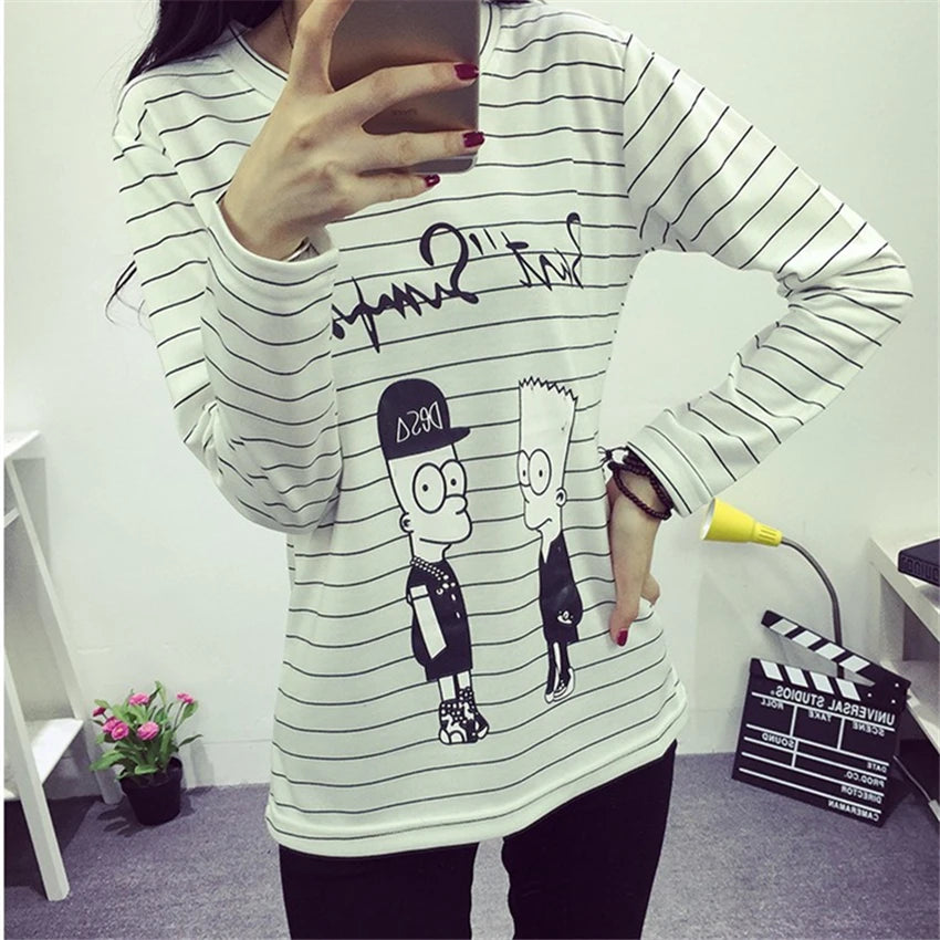 Autumn Spring Creative Lovely Cartoon Printed T-shirts for Women Full Sleeve Simple Loose Top Stripe White T-shirt Female XL-XXL