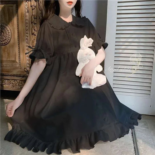 Load image into Gallery viewer, Soft Girl Lolita Dress Kawaii Peter Pan Collar Cute Ruffle Puff Sleeve Black Pink Red Dress Summer Sundress Japanese
