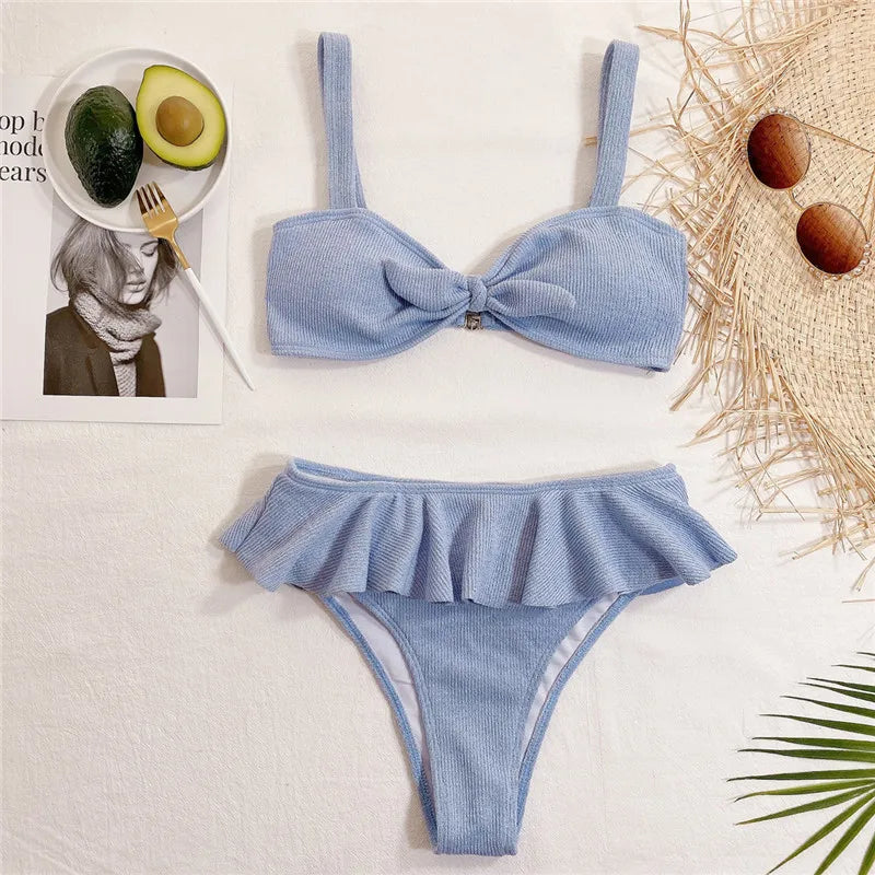 Sexy Flounced Bikini Set Bow Women Swimwear Bandeau Swimsuit Bathing Suit High Waist Biquini Female