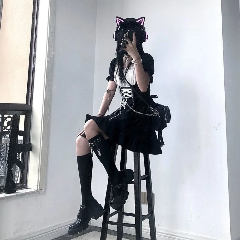 Goth Maid Dress Kawaii Gothic Milkmaid  Lolita Outfit Cosplay Costume E Girl Puff Sleeve Bandage Dress Mall Goth Emo