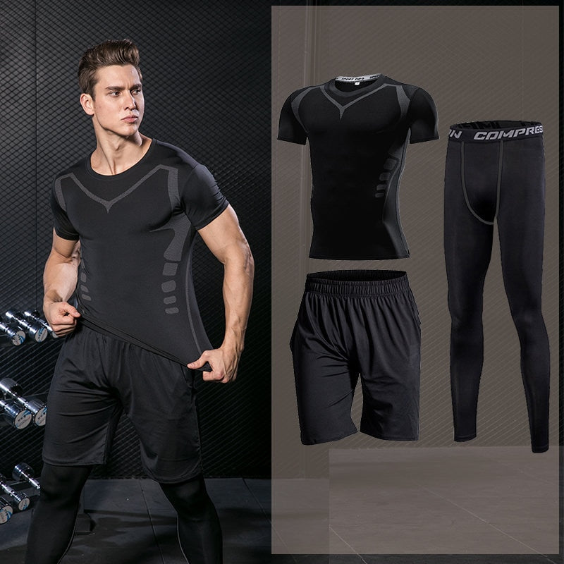 Men's Tight Sports Suit Gym Fitness Compression Tracksuit Running Sport Set Jogging Sportwear Workout Sports Clothing Rash Guard