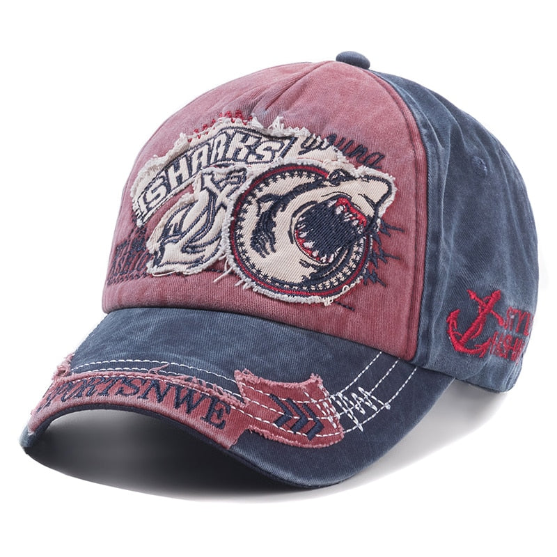 Unisex Washed Cotton Retro Cap Big Shark Embroidery Baseball Cap Men And Women Streetwear Fashion Hat Cap