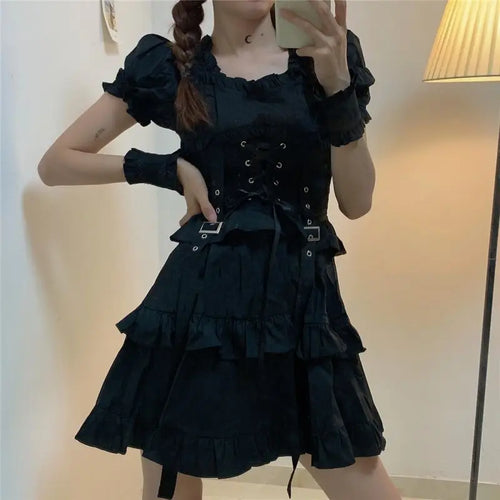 Load image into Gallery viewer, Women&#39;s Gothic Lolita Dress Gothic Punk Mall Goth Kawaii Cute Ruffle Bandage Black Mini Dress Emo Clothes Summer
