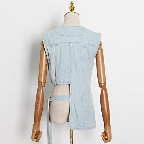 Load image into Gallery viewer, Lace Up Bowknot Denim Vest For Women O Neck Sleeveless Hollow Out Casual Vests Female Fashion Clothing
