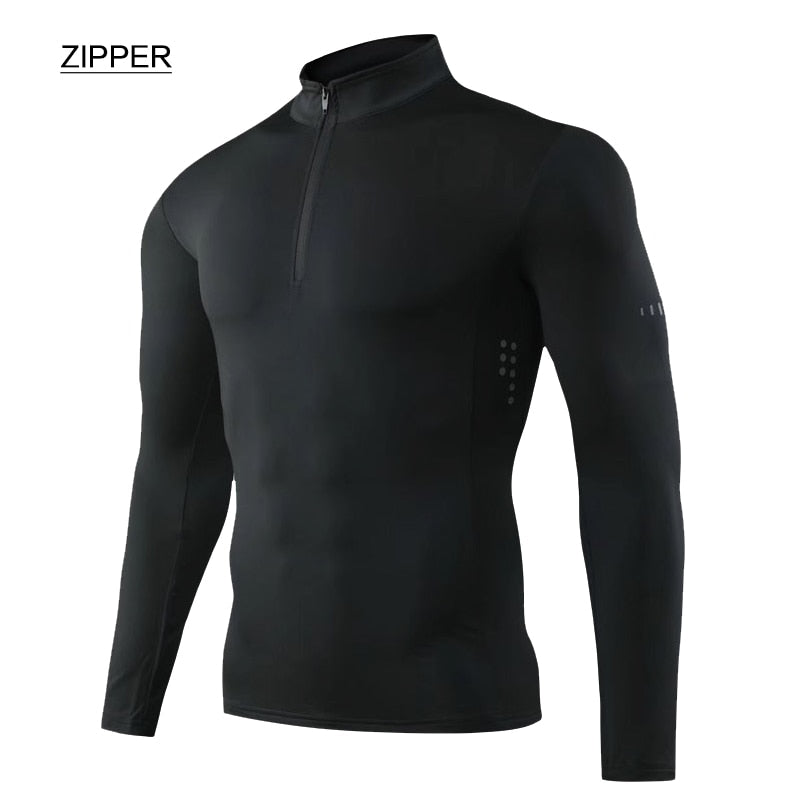 Men Tight Sport T-Shirt Long Sleeve Gym Running Clothing Fitness Compression Sportswear Zip Pullover Hiking Rashgard Sweatshirt