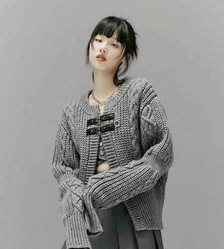 Women's Knitted Y2K Sweater Loose Cropped Cardigan Female Belted Jacket Grunge Clothing Women Jumper Ins Fashion