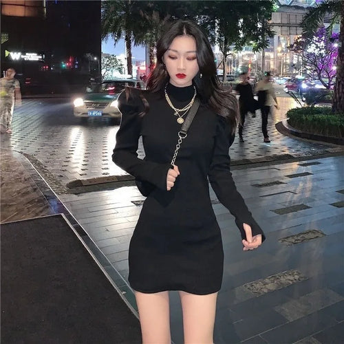 Load image into Gallery viewer, Autumn Knitted One-piece Dress Korean Women Winter Warm Puff Long Sleeve Sexy Mini Dress Bodycon Black Dresses Kpop
